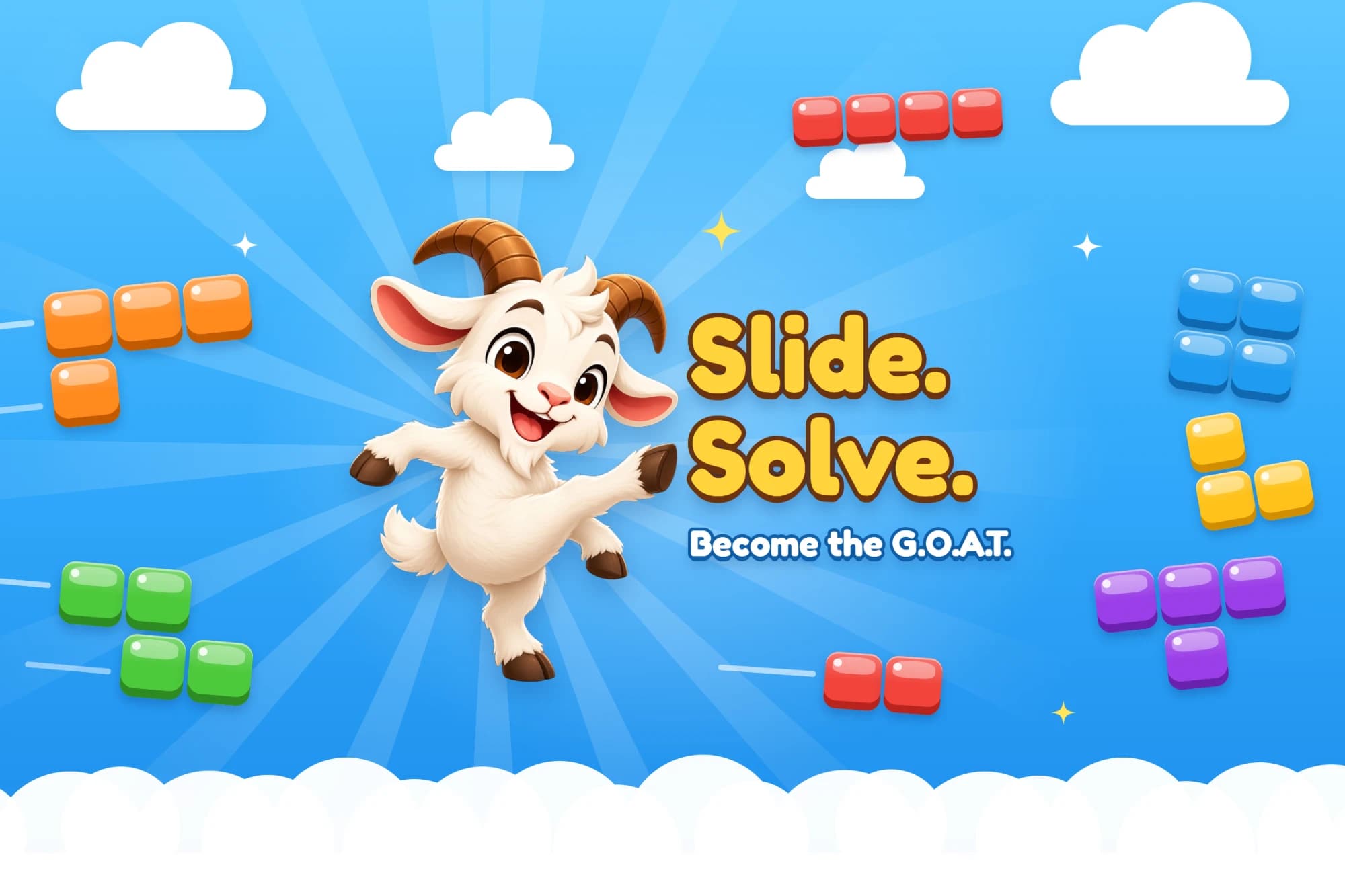 Block Goat: the goat leaping between colourful puzzle blocks under the words Slide. Solve. Become the G.O.A.T.