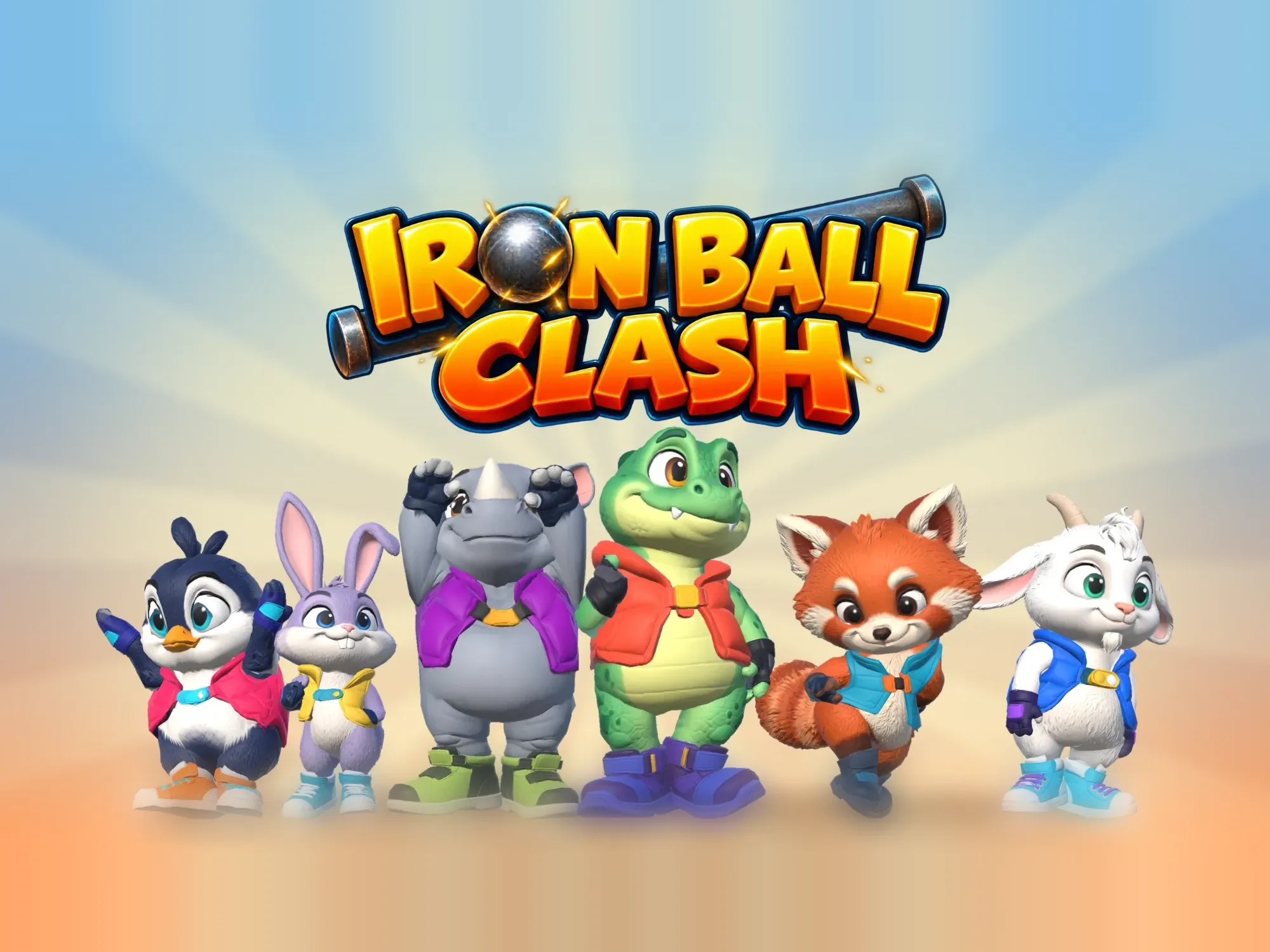 Iron Ball Clash: the six heroes lined up under the game's logo